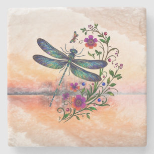 Colorful Nature Vibrant Dragonfly Floral Art Stone Coaster
