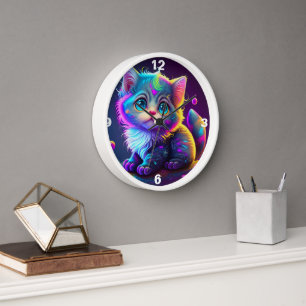 COLORFUL NEON BLUE EYE KITTEN CLOCK