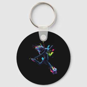 Colorful Neon Girl Soccer Art Splash Sport Design Key Ring