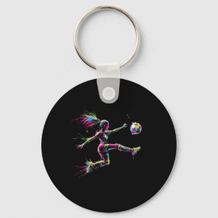 Colorful Neon Girl Soccer Art Splash Sport Design  Key Ring