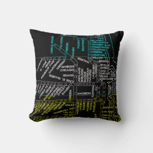COLORFUL NEON LOOK CHICAGO SUBWAY TRAIN MAP VINTAG CUSHION