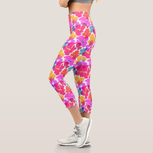 Colorful Neon Modern Flower Pattern Capri Leggings