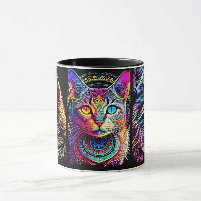 Colorful Neon Psychedelic Cat Art Coffee Mug (Center)