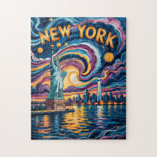 Colorful New York Skyline Retro Liberty Cityscape Jigsaw Puzzle