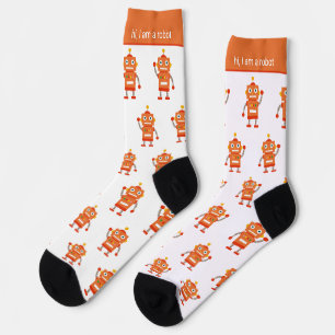 Colorful Orange Robot Pattern and Text Socks