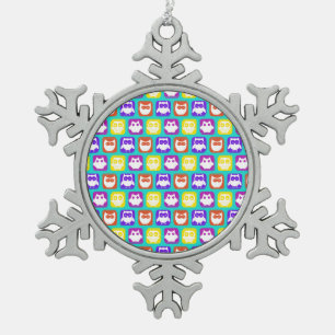 Colorful Owl Pattern Snowflake Pewter Christmas Ornament
