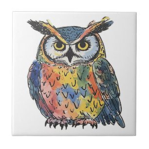 Colorful Owl Watercolor Ceramic Tile