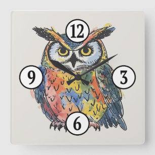 Colorful Owl Watercolor Square Wall Clock