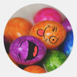 Colorful Painted Easter Eggs with Funny Faces Classic Round Sticker