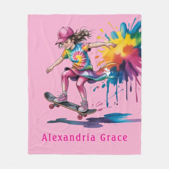 Colorful Painted Girl Skateboarder Birthday Gift Fleece Blanket (Front)
