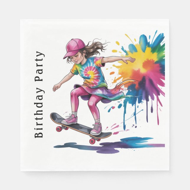 Colorful Painted Girl Skateboarder Birthday Party Napkin (Front)