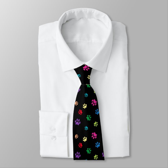 Colorful Painted Paw Prints on Black Tie (Tied)