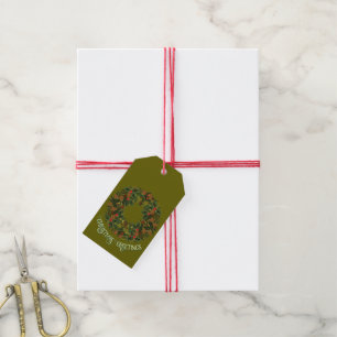 Colorful Paisley Wreath on Green Christmas Card Gift Tags