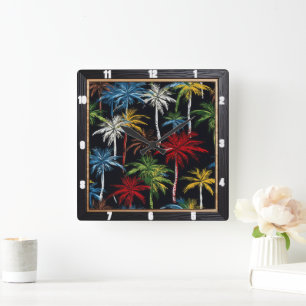 Colorful Palm Trees Black  Square Wall Clock