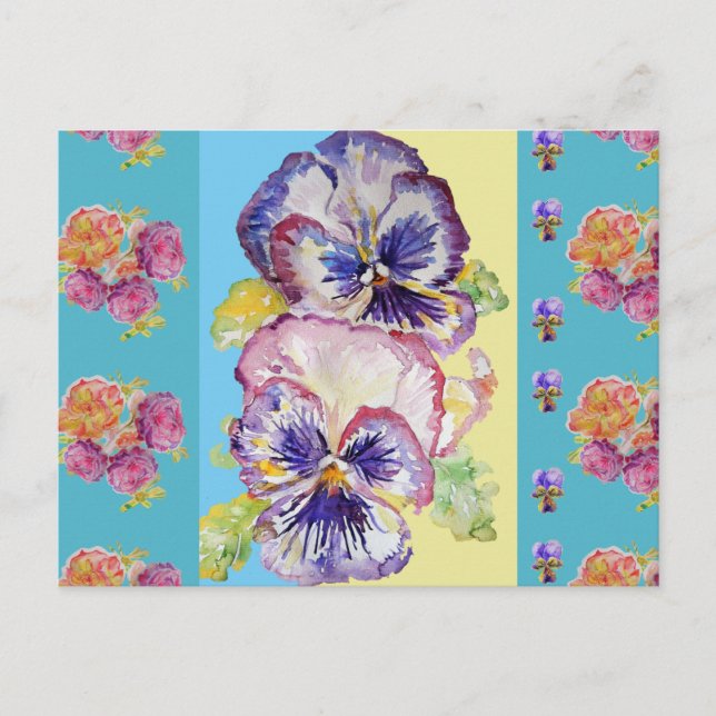 Colorful Pansy Floral Watercolor aqua Postcard (Front)