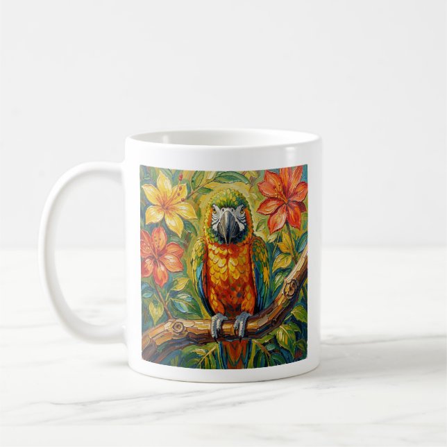 Colorful Parrot and Tropical Flower Personalized Coffee Mug (Left)