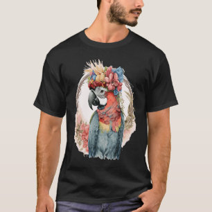 Colorful Parrot Watercolor Macaw Bird Flower Crown T-Shirt