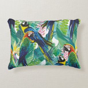 colorful parrots and exotic flowers decorative cushion