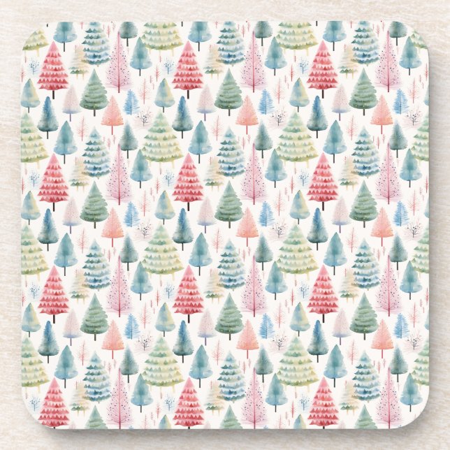 Colorful Pastel Christmas Pine Trees Pattern Coaster (Front)