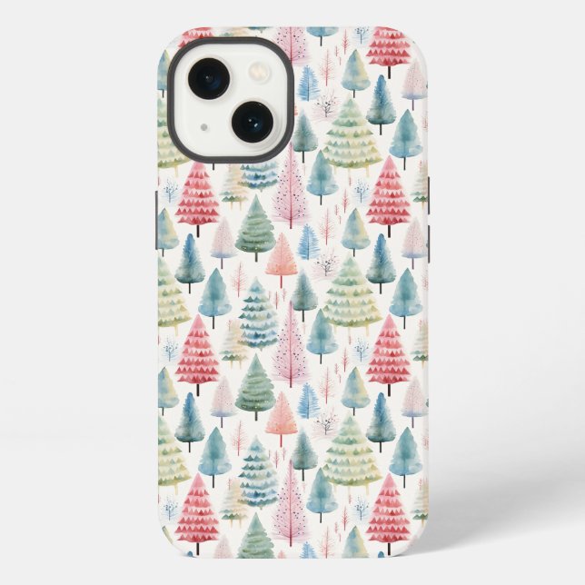 Colorful Pastel Christmas Pine Trees Pattern iPhone Case (Back)