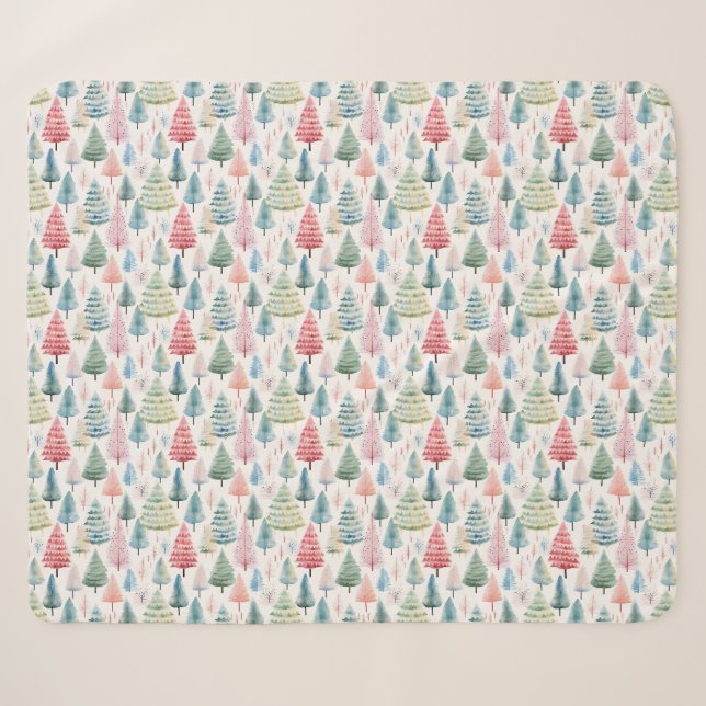Colorful Pastel Christmas Pine Trees Pattern Sherpa Blanket (Front (Horizontal))
