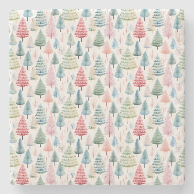 Colorful Pastel Christmas Pine Trees Pattern Stone Coaster (Front)