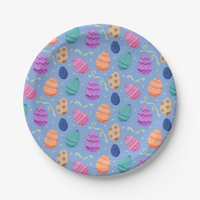 Colorful Pastel Easter Eggs Repeat Pattern Paper Plate (Front)