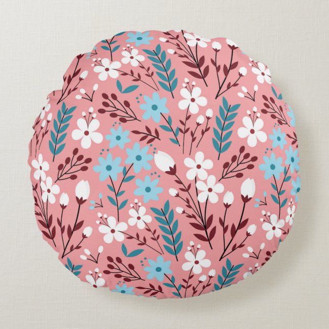 Colorful pastel Flower Seamless Pattern with pink  Round Cushion (Front)