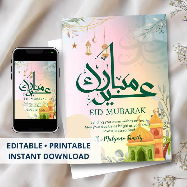 Colorful Pastel Sunset Mosque Eid Mubarak Card (Creator Uploaded)