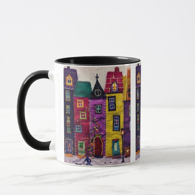 Colorful Patchwork Houses Textile Art Mug (Left)