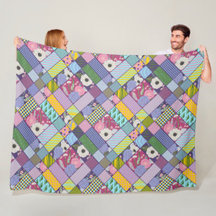 Colorful Patchwork Pattern Geometric Flowers Dots Fleece Blanket