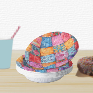 Colorful Patchwork Print Monogram Paper Plate