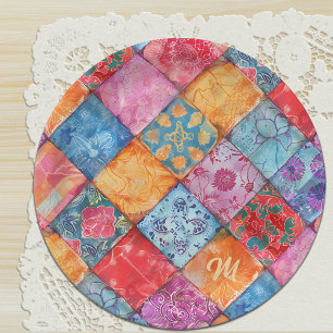 Colorful Patchwork Print Monogram Paper Plate