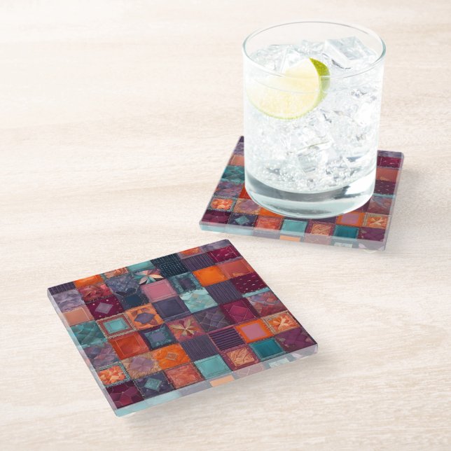 Colorful Patchwork Quilt Art Glass Coaster (Creator Uploaded)