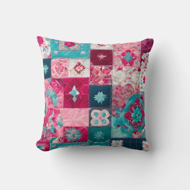 Colorful Patchwork Quilt Art Square Throw Pillow (Front)