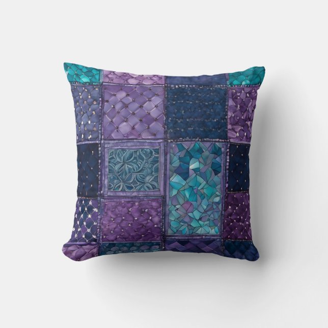 Colorful Patchwork Quilt Art Square Throw Pillow (Front)