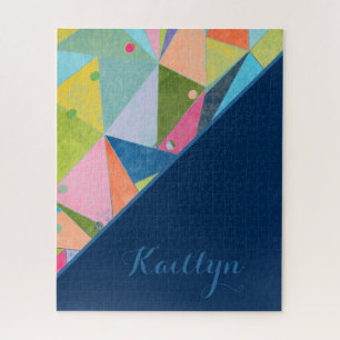Colorful Pattern Monogrammed Blue First Name Shape Jigsaw Puzzle
