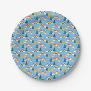 Colorful Pattern with Rainbows and Trees Paper Plate