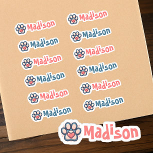 Colorful Paw Print and Heart Custom Name Label Set