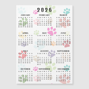 Colorful Paw Prints 2026 Calendar Magnetic Card