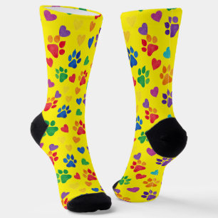 Colorful Paw Prints and Hearts Crew Socks