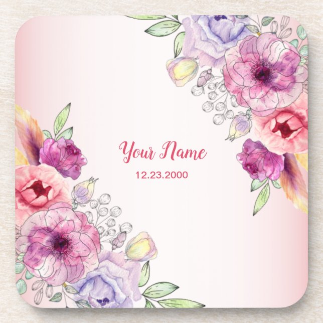 Colorful Peach Floral Golden Watercolor Wedding Coaster (Front)
