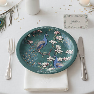 Colorful Peacock Dark Teal Paper Plate