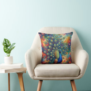 Colorful Peacock Feathers and Flowers Cushion