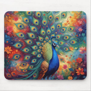 Colorful Peacock Feathers and Flowers Mouse Pad