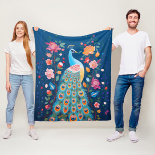 Colorful Peacock with Blue Green Orange Feathers Fleece Blanket
