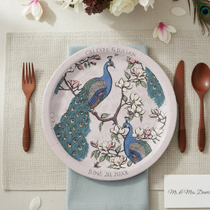 Colorful Peacocks Blush Pink Paper Plate