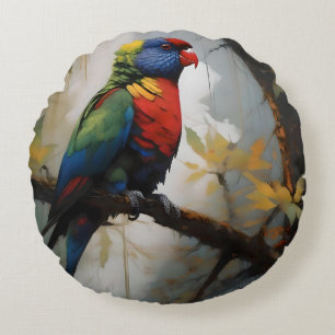 Colorful Perch: A Rainbow Lorikeet in the Tree Round Cushion