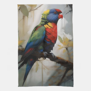 Colorful Perch: A Rainbow Lorikeet in the Tree Tea Towel