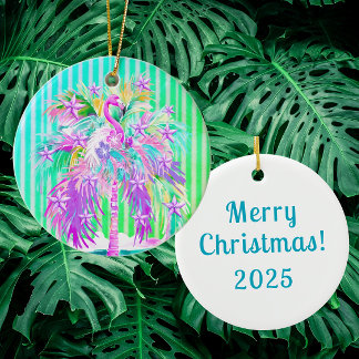 Colorful Personalized Palm Tree Flamingo Ceramic Ornament